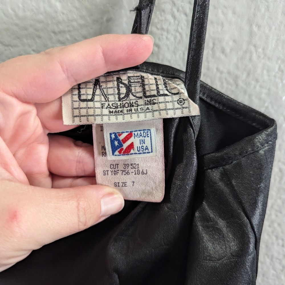 Vintage 90s La Belle black faux croc leather babydoll square neck slip dress 7 - Picture 6 of 7
